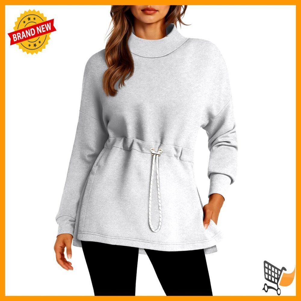 Oversized Turtleneck Sweatshirt Drawstring Waist Side Slit Tunic Pullover Top